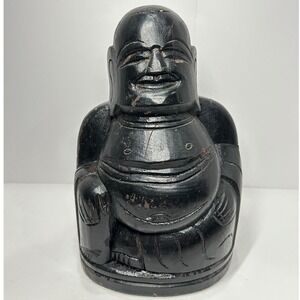 Vintage Hand Carved Wood Laughing Buddha Hotei Statue Black 11 Inch Rustic Decor